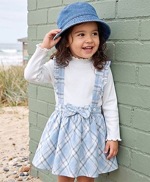 Babyhug 100% Cotton Single Jersey Knit Woven Full Sleeves Top & Checked Skirt Set With Bow - Light Blue