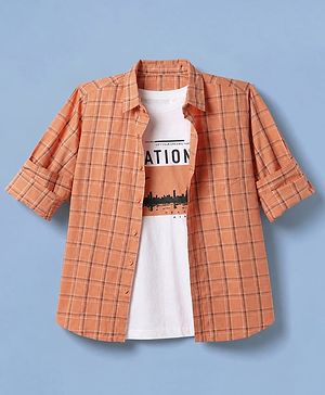 Pine Kids 100% Cotton Woven Full Sleeves Checked Shirt and T-Shirt with Nation Print - Rust Orange