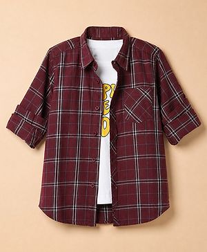Pine Kids 100% Cotton Woven Full Sleeves Shirt And T-Shirt with Half Sleeves And Inspire Someone Today Text Print - Maroon