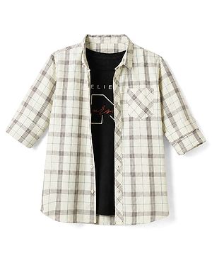 Pine Kids 100% Cotton Woven Full Sleeves Checks Shirts and T-shirt with Half Sleeves Tee and Believe In Yourself Print - Beige