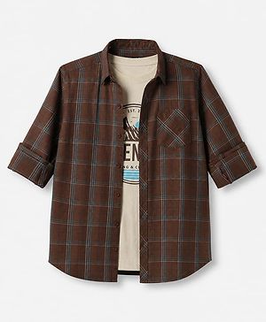 Pine Kids 100% Cotton Woven Shirts with Tank Top and Full Sleeves and Mountains Print - Brown