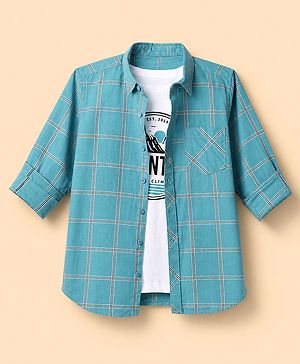 Pine Kids 100% Cotton Woven Shirts with Tank Top and Full Sleeves and Mountains Print - Turquoise