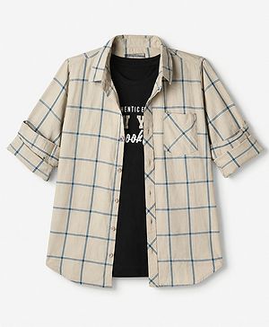Pine Kids 100% Cotton Woven Shirt with T Shirt Full Sleeves and Authentic Edition New York Brooklyn Print in Beige
