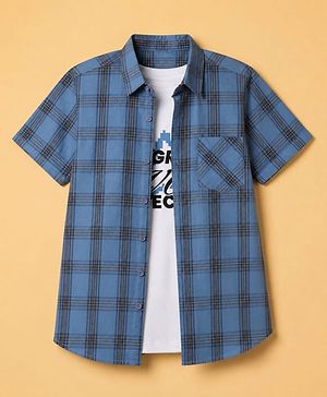 Pine Kids 100% Cotton Woven Half Sleeves Checked Shirt and T-Shirt with Progress With Process Text Print in Light Blue
