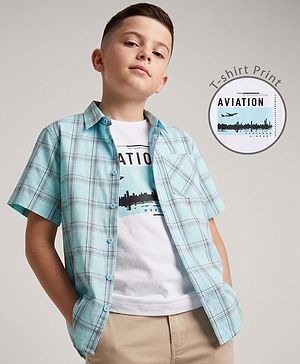 Pine Kids 100% Cotton Woven Full Sleeves Checks Shirts and T-shirt with Half Sleeves and Aviation Text Print - Mint Green
