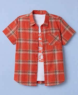 Pine Kids 100% Cotton Woven Checks Shirt with T-Shirt and Half Sleeves in Rust Orange