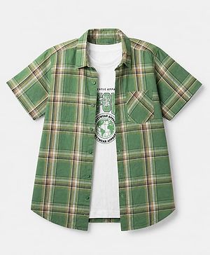 Pine Kids 100% Cotton Woven Half Sleeves Checked Shirt and T-Shirt with California Text Print - Green