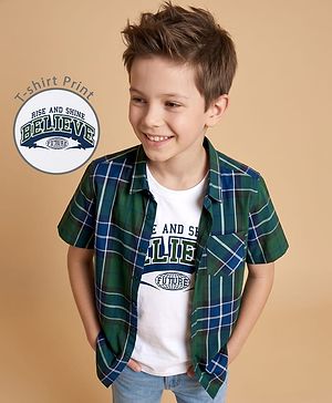Pine Kids Cotton Woven Half Sleeves Checks Shirt With Text Printed Tee - Olive Green