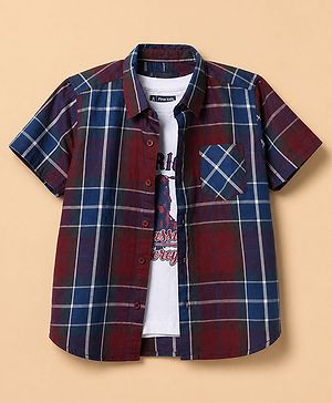 Pine Kids Cotton Woven Half Sleeves Checks Shirt and T Shirt with American Classic Motorcycle Print in Maroon