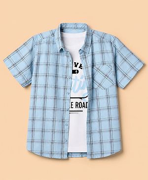 Pine Kids 100% Cotton Woven Full Sleeves Checks Shirts and T-shirt with Half Sleeves and Forever Skating Text Print - Light Blue