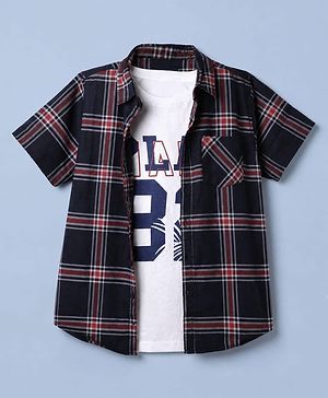 Pine Kids 100% Cotton Woven Half Sleeves Checked Shirt and T-Shirt with Play 82 Print - Navy Blue