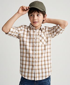 Pine Kids Cotton Woven Checks Shirt with Full Sleeves in Beige