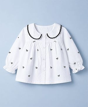 Babyhug 100% Cotton Poplin Woven Peter Pan Lace Collar Full Sleeves Top with Bow Print - White