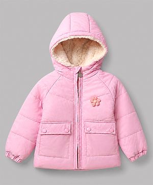 Babyhug Woven Padded/Quilted/ Winter Jacket with Full Sleeves, Raglan Sleeves and Flower Applique in Baby Pink for 2-3 Years