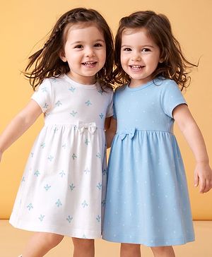 Babyhug Single Jersey Knit Half Sleeves Frocks With Floral & Polka Dot Print & Bow Applique Pack of 2 - White & Blue