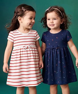 Babyhug Single Jersey Knit Half Sleeves Striped & Floral Printed Frocks With Bow Applique Pack Of 2 - Navy Blue & White