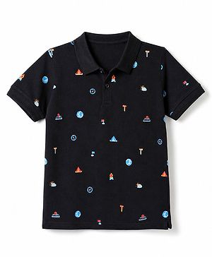 Pine Kids Cotton Knit Half Sleeves Polo T-Shirt With Camping Print - Black