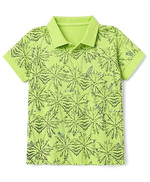 Pine Kids Cotton Mixes Knit T-Shirts with Half Sleeves and Palm Trees Print - Limegreen