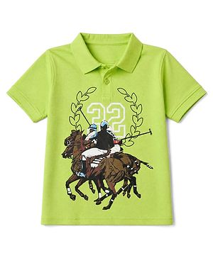 Pine Kids Cotton Mixes Knit Half Sleeves Polo T-Shirt with Polo Players Print - Limegreen
