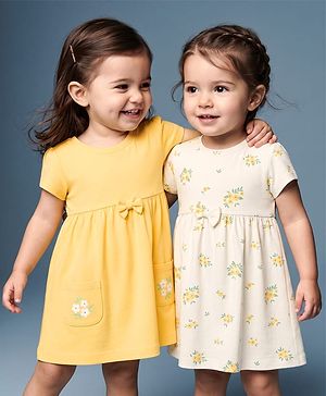 Babyhug Single Jersey Knit Frocks with Half Sleeves and Floral Print Pack of 2 - Yellow & Beige