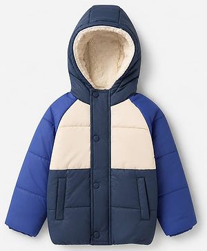 Babyhug Woven Full Sleeves Hooded Padded Winter Jacket - Navy Blue