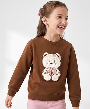 Pine Kids Cotton Mixes Knit Sweatshirt with Full Sleeves and Bear Applique - Brown