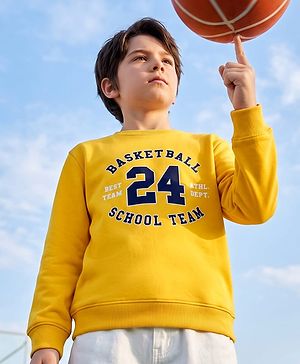 Pine Kids Cotton Knit Sweatshirt with Full Sleeves and Basketball Text Print - Yellow