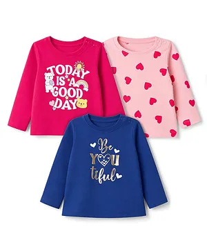Doodle Poodle Single Jersey 100 % Cotton Knit Full Sleeves T-Shirts With Text & Hearst Print Pack of 3 - Pink, Navy & Red