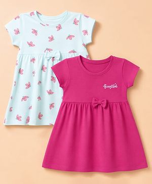 Babyhug Cotton Knit Frocks with Short Sleeves and Floral Print & Bow Applique In Pink & Blue Pack of 2