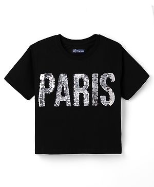Pine Kids Cotton Knit T-Shirt with Half Sleeves and Paris Sequins - Black