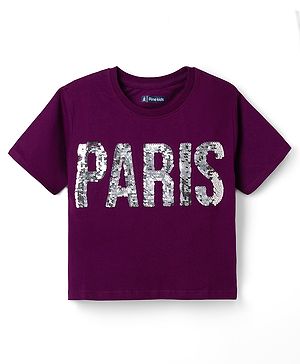 Pine Kids Cotton Knit T-Shirt with Half Sleeves and Paris Sequins - Purple
