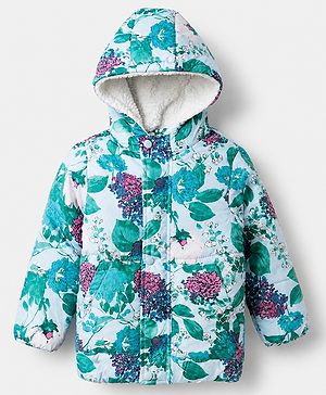 Pine Kids Woven Full Sleeves Hooded Padded Quilted Winter Jacket with Floral Print -Blue