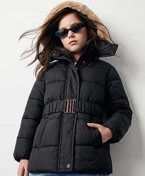 Pine Kids Woven Full Sleeves SolidHooded Padded Quilted Winter Jacket - Black