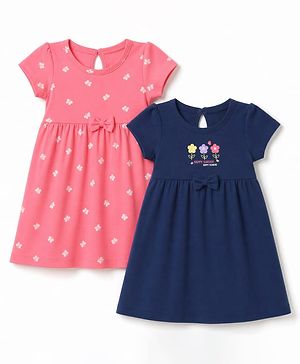 Babyhug Single Jersey Knit Half Sleeves Frocks with Butterfly & Floral Print Pack of 2 - Navy Blue & Pink