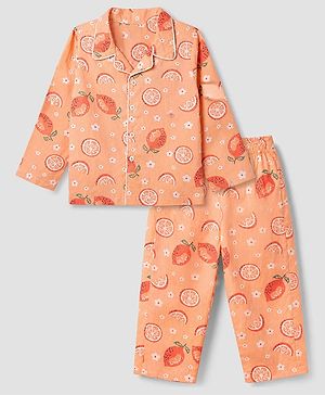Babyhug Cotton Full Sleeves Front Open Woven Co-ord Shirt & Pajama Night Suit with Floral & Orange Print - Peach