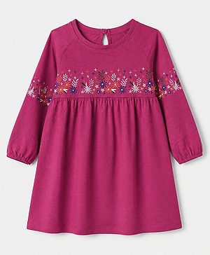 Babyhug Single Jersey Knit Dress with Full Sleeves and Floral Embroidery in Red for 3-6 Months