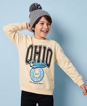 Pine Kids Cotton Mixes Knit Sweatshirt with Full Sleeves and Ohio Columbus Print - Cream