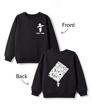 Pine Kids Cotton Mix Knit Sweatshirt with Full Sleeves and Take Time Print in Black