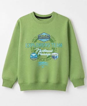 Pine Kids Cotton Mix Knit Sweatshirt with Full Sleeves and Explores Team Print in Green