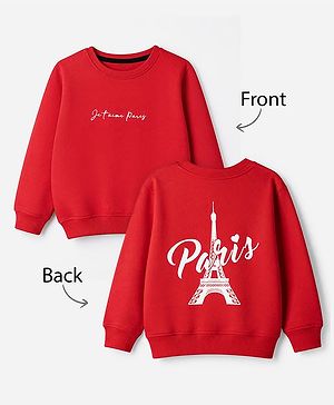 Pine Kids Cotton Mix Knit Sweatshirt with Full Sleeves and Eiffel Tower Print in Red