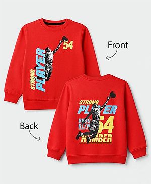 Pine Kids Cotton Mix Knit Sweatshirt with Full Sleeves and Basketball Player Print in Red