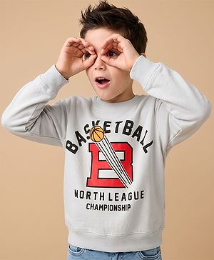 Pine Kids Knit Full Sleeves Sweatshirt With Basketball Text Print - Grey