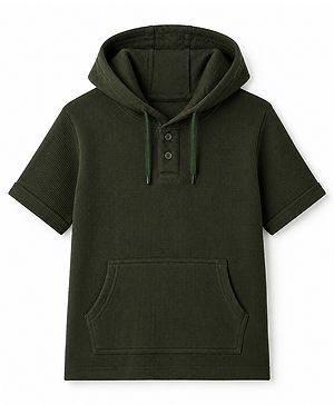Pine Kids Waffle Knit Half Sleeves Solid Hooded T-Shirt with Kangaroo Pockets - Dark Green