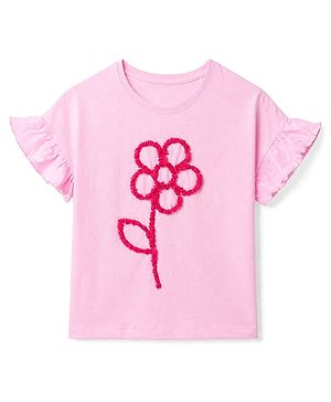 Pine Kids 100% Cotton Knit Half sleeves T-shirt with Frill Sleeves and Flower Applique - Pink