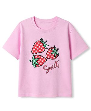 Pine Kids 100% Cotton Knit Half sleeves T-shirt with Strawberries Print - Pink
