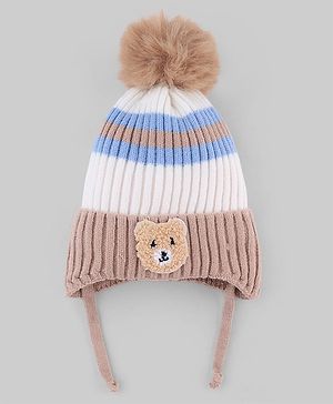 Babyhug Knit Woollen Cap with Stripes & Pom Pom Brown - Diameter 10 cm