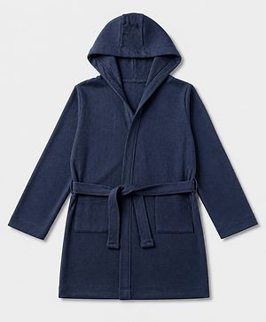 Pine Kids 100% Cotton Knit Full Sleeves Hooded Solid Bath Robe - Navy Blue