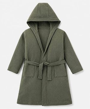 Pine Kids 100% Cotton Knit Full Sleeves Hooded Solid Bath Robe - Olive Green