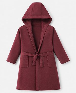 Pine Kids 100% Cotton Knit Full Sleeves Hooded Solid Bath Robe - Maroon