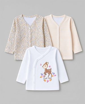 Babyhug 100% Cotton Interlock Knit Front Open Striped Jhablas With Floral & Deer Print Pack of 3 - Peach, White & Beige